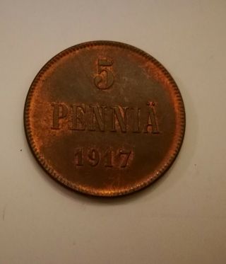 Finland Russia 5 Pennia 1917 Copper Coin