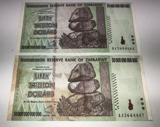 2 - Reserve Bank Of Zimbabwe Africa Paper Money Bills Fifty Trillion Dollars