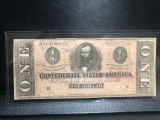 1864 Confederate States Of America One Dollar Note Richmond