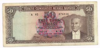 L.  1930 (1964) Turkey 50 Lira Note - P175a