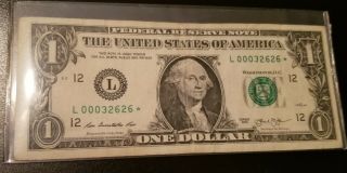 2013 1 Dollar Bill Star Note Low Serial L00032626☆ " L " Series.  Only 80,  000 Run