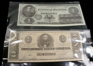 United States 1862 40617 One Dollar Bill & 1863 Confederate One Dollar