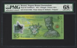 Brunei $5 Ringgit 2011 P - 36,  S/n 011099,  Pmg 68 Epq,  Gem Unc,  Rare Grade