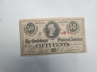 1863 Confederate States Of America 50 Cent Fractional Note