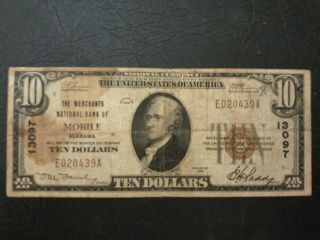 1929 $10 National Bank Note Mobile Alabama 13097 Us Small Size Currency - Vg