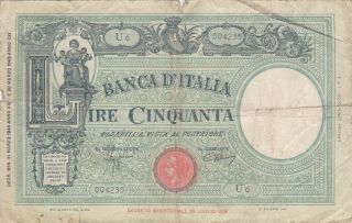 50 Lire Vg Banknote From Italy 1943 Pick - 64