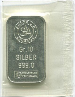 Vintage Argor S.  A.  Chiasso 10 Gram Silver Bar Ingot, .  999.  Rare.