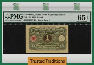 Tt Pk 58 1920 Germany State Loan Currency 1 Mark Pmg 65 Epq Gem Uncirculated