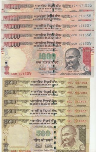 India Set Of 2 Different Denomination 1000 & 500 Each 5 Nos.  Old Issue In Unc