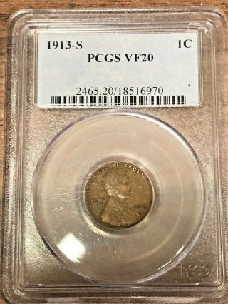 1913 S 1c Lincoln Wheat Cent Pcgs Vf20