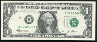 2001 $1 One Dollar Frn Federal Reserve Note " Print Shift Error " Gem Unc