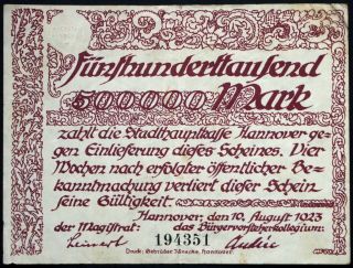 Hannover 1923 500,  000 Mark Inflation Notgeld German Banknote