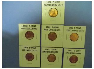 1982 P&d Lincoln Cent 7 Bu Coin Set Copper & Zinc Lg&sm Dates Plus 2019 P & D 8
