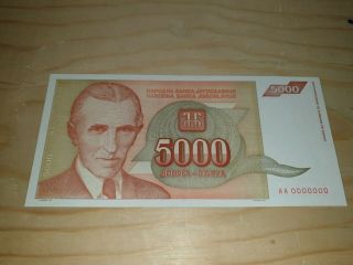 Zero Serial - Yugoslavia 5000 Dinara 1993.  Unc - Zero Serial Number