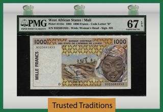 Tt Pk 411dc 1993 West African States / Senegal 1000 Francs Pmg 67 Epq
