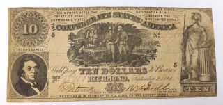 1861 Richmond $10 Ten Dollar Civil War Confederate Currency Csa Note K1