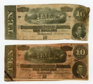 (pair) 1864 T - 68 $10 The Confederate States Of America Note - Civil War Era