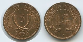 G15321 - Uganda 5 Cents 1974 Km 4 Xf Scarce Year