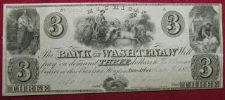 Early Michigan $3 Bank Note,  Bank Of Washtenaw,  1835