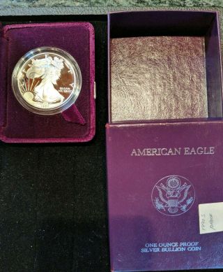 1990 S American Silver Eagle 1 Oz Silver Proof Coin,  Sleeve &