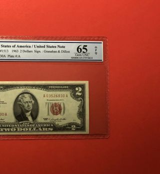 1963 - $2 Red Seal Note,  Graded By Pcgs Golden Shield,  Gem Unc 65 Opq.