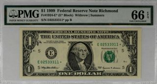 1999 $1 Federal Reserve Star Note Fr.  1924 - E Richmond Pmg 66 Epq Gem Unc (3311)