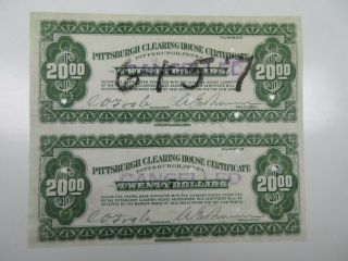 Pa.  Pittsburgh Clearing House Certificate,  1907 Proof $20 Depression Scrip Pair