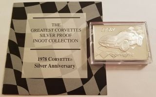 1978 Corvette Silver Anniversary 1.  2 Oz.  925 Silver Bar Acrylic Airtite