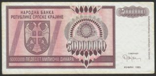Serbian Krajina - Knin (croatia),  50 Million Dinara 1993.  P - R14,  Vf