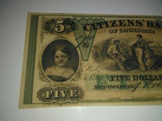 1850 ' s Obsolete $5 Dollar Note.  CITIZENS BANK of Orleans,  Louisiana. 2