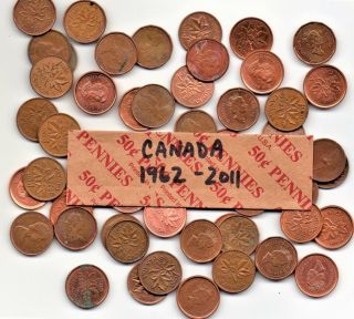 Canada 1 Cent Roll 50 Different Dates 1962 - 2011 Starter Set