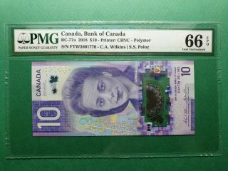2018 Canada 10 Dollars P Bc - 77a S/n.  Ftw Pmg 66 Epq Gem Unc