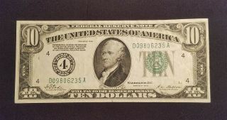 West Point Coins 1928 $10 Federal Reserve Note ' 4 ' Cleveland Ohio 2