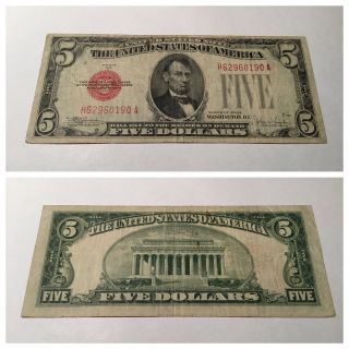 Vintage Five Dollars $5 1928 - E United States Note Dollar Bill Lincoln Red Seal