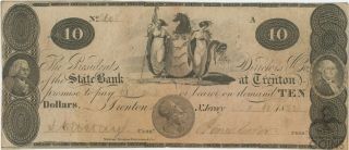 1822 United States Jersey State Bank Of Trenton $10 Dollar Bank Note