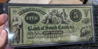 1858 Merchants’ Bank Of South Carolina Cheraw $5 Banknote - Hi Grade - 15