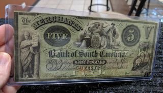 1858 MERCHANTS’ BANK OF SOUTH CAROLINA CHERAW $5 BANKNOTE - HI GRADE - 15 2