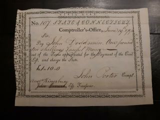 1794 State Of Connecticut Comptrollers Office Note - One Pound - Ten Shillings