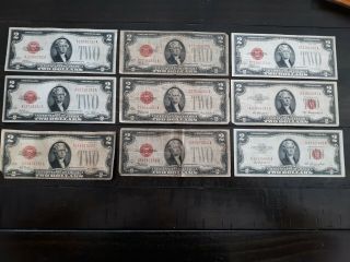 9 - 1928/1953 $2 Red Seal Notes Vg/au - 2 - 1928,  - 1 - 1928c.  - 2 - 1928 D -.  1 - 1928,  - 1 - 1953a