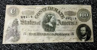 1864 Confederate States Of America One Hundred $100 Dollar " C " Note,  Civil War