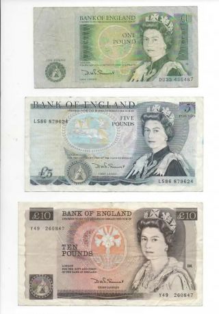 Bank Of England One £1 Pound Note – One £5 Pound Note & One £10 Pound Note