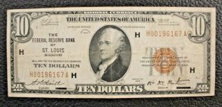 Fr.  1860 H $10 1929 Federal Reserve Bank Note St.  Louis Vf " Note " 8/11