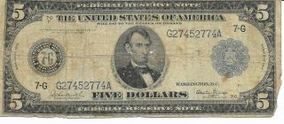 1914 $5 Dollar Federal Reserve Bank Note President Lincoln Type A G74a Chicago