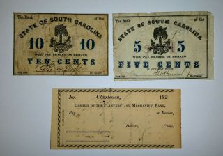 1862 Bank State Of South Carolina 5 & 10 Cents Notes Plus 1820s Sc Check