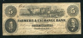 1861 $5 The Farmers & Exchange Bank Of Charleston,  Sc Obsolete Note
