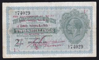 Malta - - - - - 1 Shilling On 2 Shillings 1918 / 1940 - - - - - - F,  - - - - - -