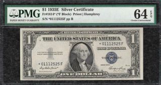 Star Note 1935e $1 Silver Certificate - Pmg Choice Uncirculated 64epq - C2c