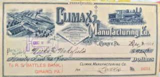 1901 Climax Manufacturing Co Trains Tramways Logging Cars Engines Bank Check