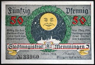 Memmingen 1918 " Man In The Moon " 50 Pf German Notgeld