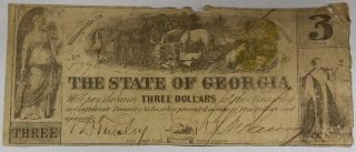1864 Milledgeville Ga Georgia $3 Bill Real Civil War Confederate Currency Note